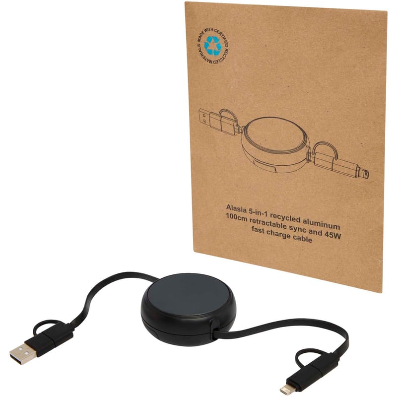 Alasia 5-In-1 100cm Recycled Plastic and Aluminium Retractable Data Sync and 45W Fast Charge Cable