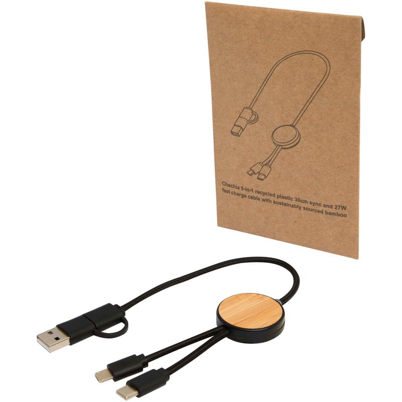 Chechia 5-In-1 Recycled Plastic 30cm Data Sync and 27W Fast Charge Cable With Bamboo Details
