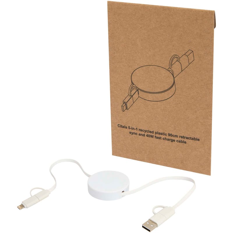 Citala 5-In-1 Recycled Plastic 90cm Retractable Data Sync and 40W Fast Charge Cable