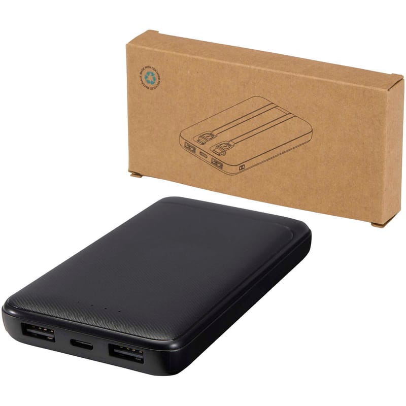 Adhil 10.000 Mah 10W Recycled Plastic Power Bank With 2 Built-In Cables