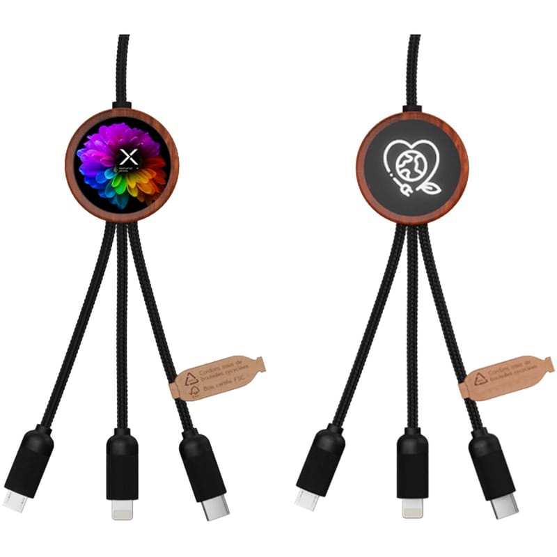 Scx.Design C37 40W 5-In-1 Rpet Light-Up Logo Charging Cable With Round Wooden Casing